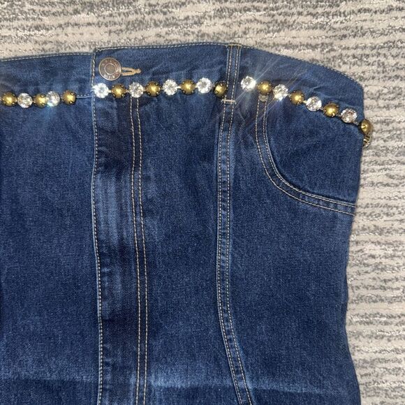 AREA Women's Strapless Crystal Embellished
Denim Mini Dress Medium - Picture 4 of 16